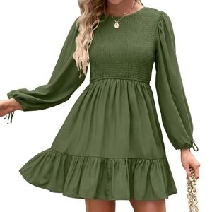 ZESICA Long Sleeve Crew Neck Smocked Tiered Mini Dress